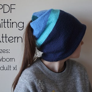 PDF-breipatroon, kamgaren breipatroon, slouchy muts breipatroon, slouchy hoed, paardenstaart hoed, pasgeboren tot volwassen xl maten, gemakkelijk