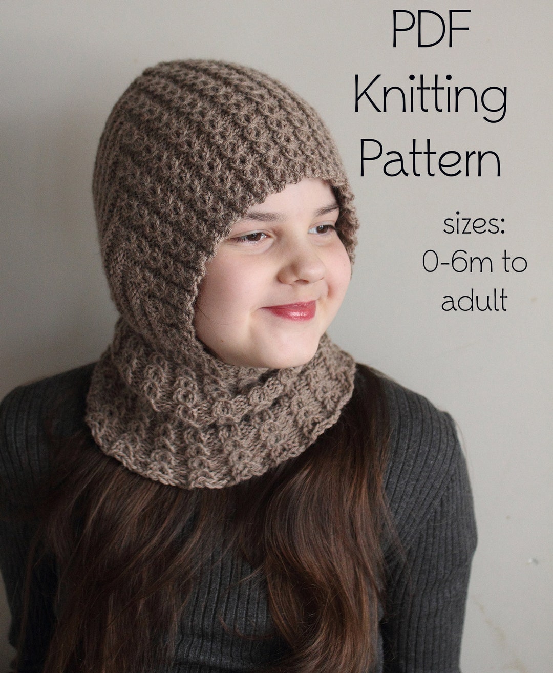 DOWNLOADABLE PDF PATTERN Mock Cable Balaclava Hat Hooded Scarf Knitting