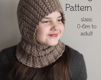 DOWNLOADABLE PDF PATTERN mock cable balaclava hat hooded scarf knitting pattern for dk 0-6m to adult knit hat tutorial diy balaclava pattern