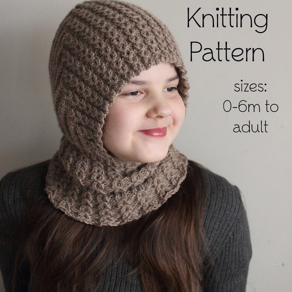 DOWNLOADABLE PDF PATTERN mock cable balaclava hat hooded scarf knitting pattern for dk 0-6m to adult knit hat tutorial diy balaclava pattern