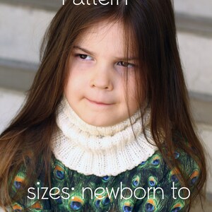 May include: A young girl wearing a white knitted cowl neck scarf and a green and blue peacock print shirt. The text "PDF Knitting Pattern sizes: newborn to adult" is visible on the image.