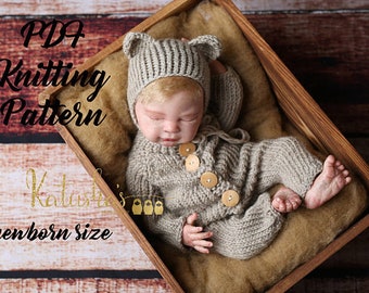 PATRÓN DE TEJIDO PDF, set de pelele para recién nacido, capota y pijama para recién nacido, capota de osito para recién nacido, prop de fotografía, prop de fotografía, patrón de punto fácil