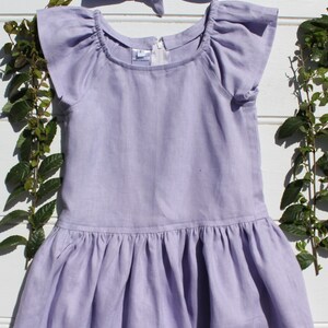 Handmade Girl&#39;s Lilac Linen Summer Dress With Short Sleeves And Complementay Matching headband - Free Shipping Austrralia Wide.