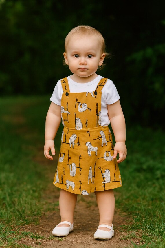 Handmade Kids Sloth Dress With Matching Hat, Mustard Cotton Duck