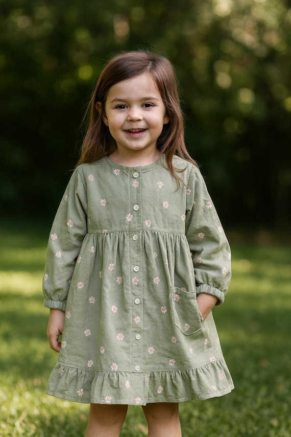sage winter dress Handmade Girl's Sage Daisy Winter Dress, With Matching Headband Included