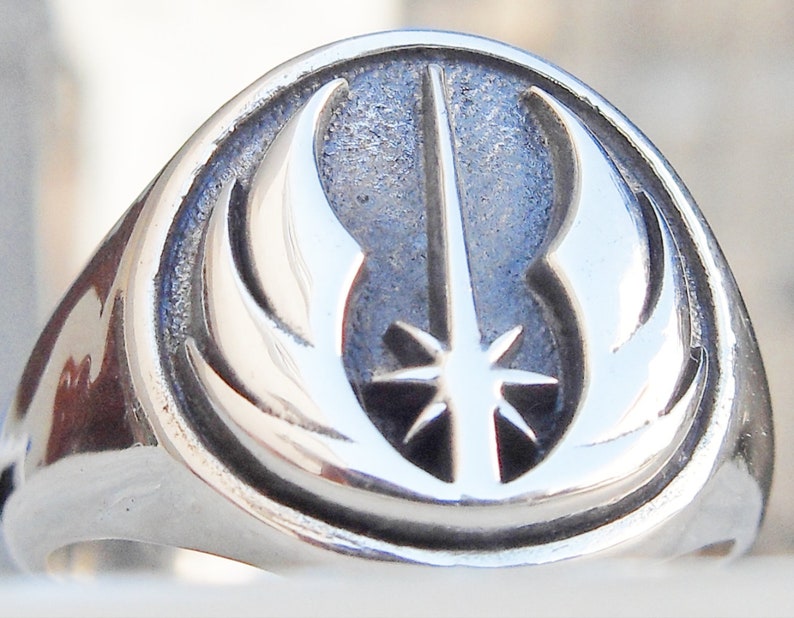 Solid Sterling Silver 925 Star Wars Jedi Order Insignia on wood Rebel Handmade 3D Ring
