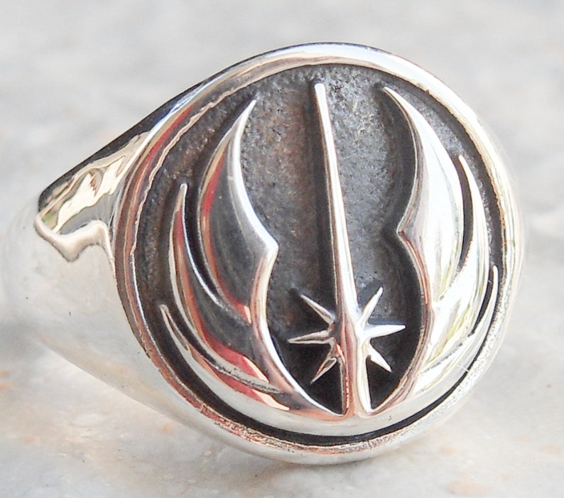 Solid Sterling Silver 925 Star Wars Jedi Order Insignia on wood Rebel Handmade 3D Ring