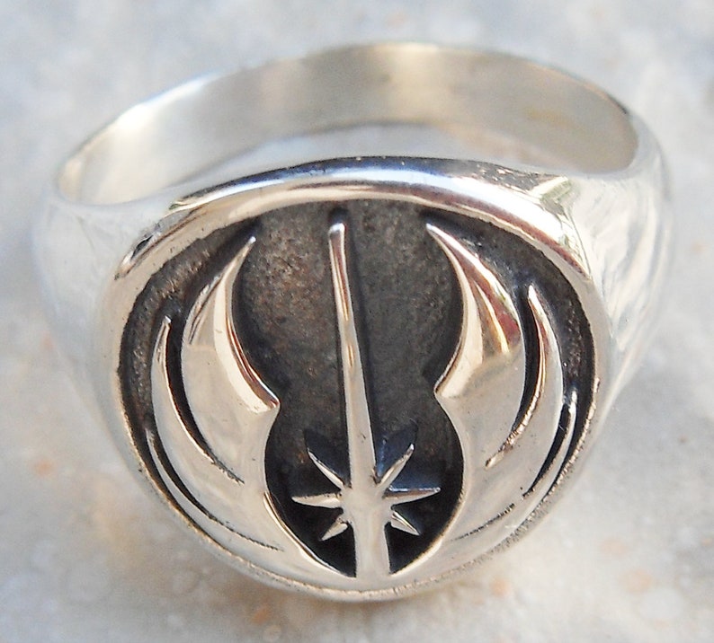 Solid Sterling Silver 925 Star Wars Jedi Order Insignia on wood Rebel Handmade 3D Ring