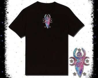 May include: Black t-shirt with a colorful triple moon goddess symbol on the front. The symbol is surrounded by stars.