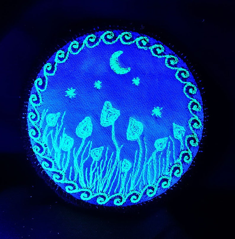 May include: A round, blue canvas with a white crescent moon and stars. The canvas is decorated with a border of white swirls and a field of white mushrooms.
