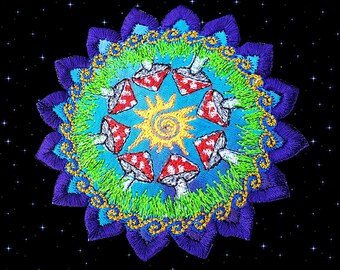 May include: Embroidered patch with a psychedelic design featuring a sun with a spiral in the center surrounded by mushrooms with red and white caps on a blue background. The patch is surrounded by a green, blue, and gold mandala.