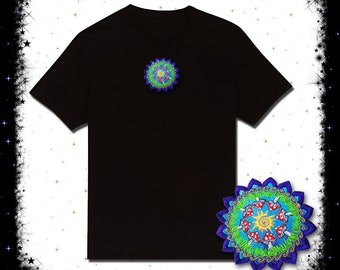 May include: Black t-shirt featuring a colorful, circular embroidered design with mushrooms, suns, and a blue and green border. A matching patch is displayed below the shirt. The design is intricate and eye-catching.