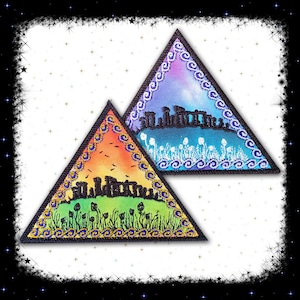 May include: Two triangular fabric patches with embroidered designs. The top patch is blue, purple, and white with a silhouette of Stonehenge and a field of white flowers. The bottom patch is green, orange, and yellow with a silhouette of Stonehenge and a field of green flowers.