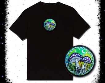 Fly Agaric Round Trippy Toadstool Embroidered Embroidered Unisex T-shirt – Blue Day or Green Night Theme - UV Reactive & Glow in Dark