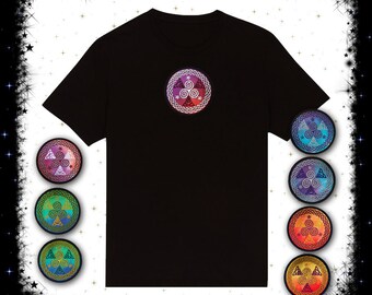 May include: Black t-shirt with a colorful Celtic knot design on the front. The design is a circle with a triple spiral inside. There are several other color variations of the design shown around the t-shirt.