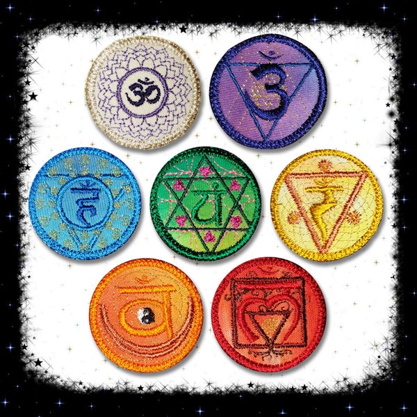 Full Set of Seven Chakra Round Embroidered Patches - 42mm Diameter - Spiritual Sanskrit Symbol Yogic Patches