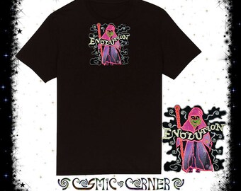 May include: Black t-shirt with a pink and green graphic of a hooded figure holding a staff. The graphic says "Evolution" in pink letters. The t-shirt is on a white background with a black and white star pattern.