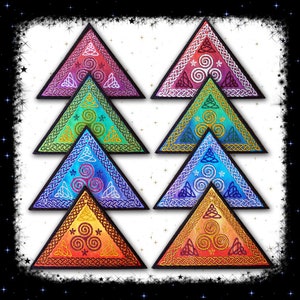 May include: Set of seven embroidered triangular patches with a Celtic knot design in rainbow colors. Each patch features a triple spiral symbol and a black border.