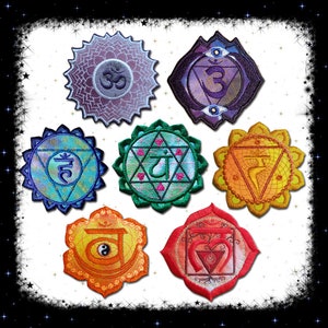 May include: Seven colorful embroidered patches depicting the seven chakras, each with a unique symbol and color. The chakras are: Muladhara (root), Svadhisthana (sacral), Manipura (solar plexus), Anahata (heart), Vishuddha (throat), Ajna (third eye), and Sahasrara (crown).
