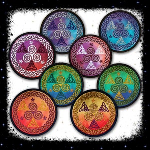 May include: Set of seven round embroidered patches featuring a Celtic knot design with a triple spiral motif. The patches are in various colors, including blue, green, purple, and red.