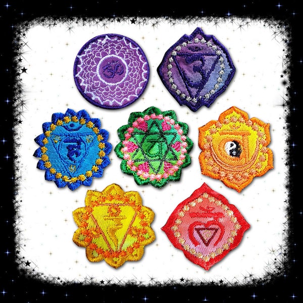 Full Set of Seven Mini Chakra Embroidered Patches – Cosmic-Corner - Hippy Spiritual Yogic Small Button Embroidered Patches