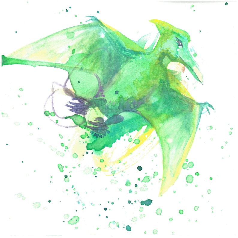 May include: Watercolor painting of a green pterodactyl flying with yellow and green splatters in the background.