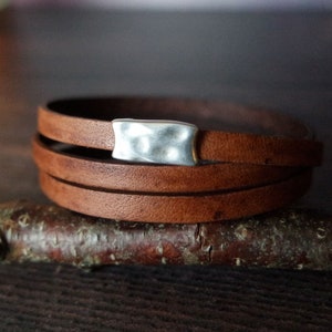 Leather wrap bracelet, hammered, rectangular, brown silver plated, friendship bracelet, stainless steel