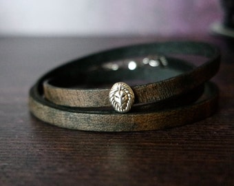 lion leather wrap bracelet, black silver coloured, friendship bracelet, lion head, stainless steel