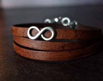Leather wrap bracelet silver brown infinity bracelet