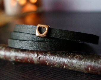 Leather wrap bracelet, Heart black rose gold, cut out heart, friendship bracelet