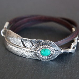 Leather bracelet - feather silver turquoise brown