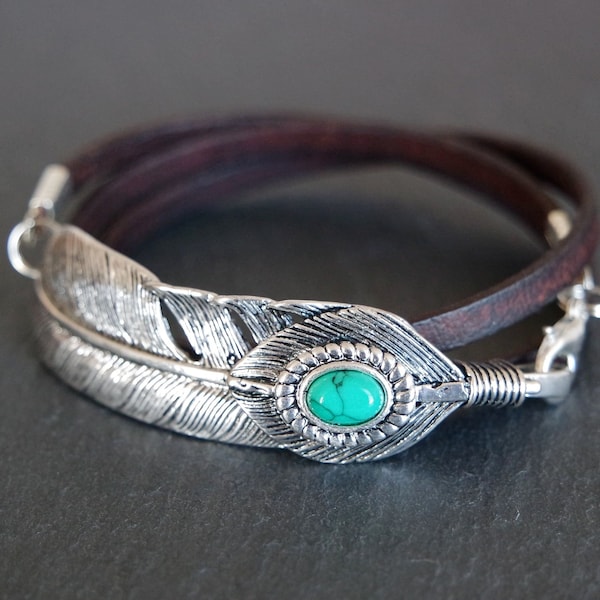 Bracelet cuir - plume argent turquoise marron