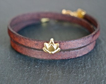 Leather wrap bracelet lotus flower gold plated