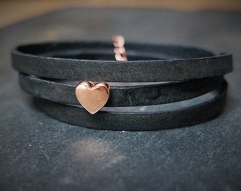 Leather wrap bracelet - Heart slider black rose gold, black, leather bracelet