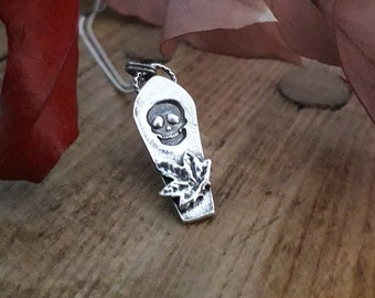 Coffin Silver Necklace with skull and maple leaf, Halloween, Gothic