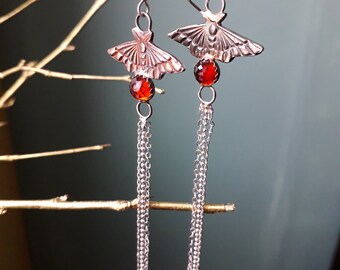 Fairy Moth Magic Garnet and Silver earrings, very long handmade ear hangers