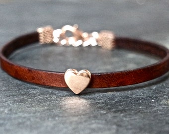 Leather bracelet rose gold heart brown friendship bracelet