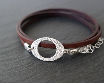 Oval silver bracelet leather wrap 925 sterling silver waves leaves