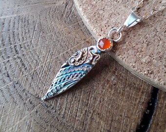 Colourful Silver Leaf Necklace with carnelian, handmade