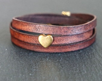 Leather wrap bracelet gold heart leather bracelet