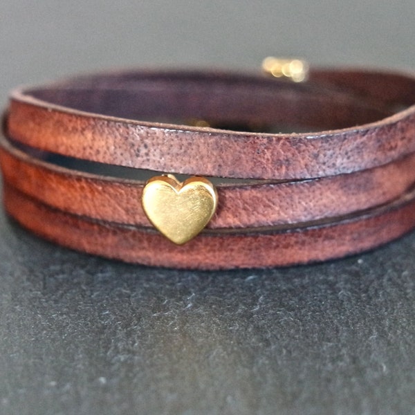 Leather wrap bracelet gold heart leather bracelet