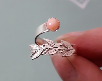 Delicate Twig and Leaf Silver Ring, UK size N