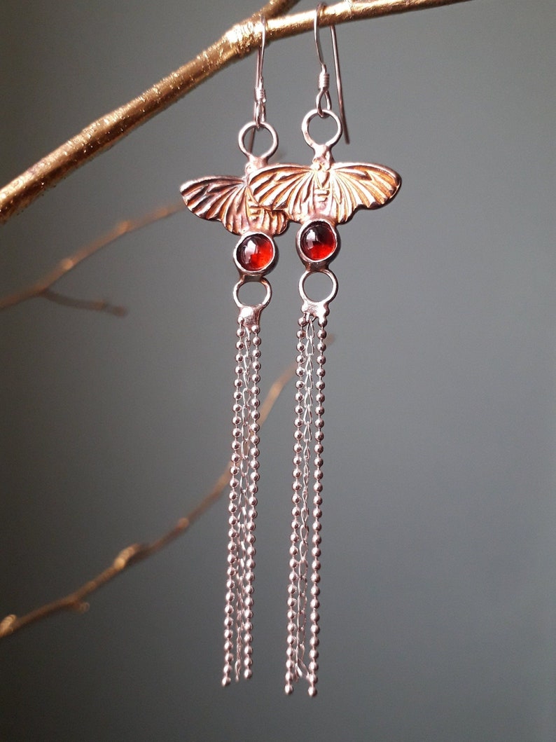 Fairy Moth Magic Garnet and Silver earrings, handmade earhangers image 1