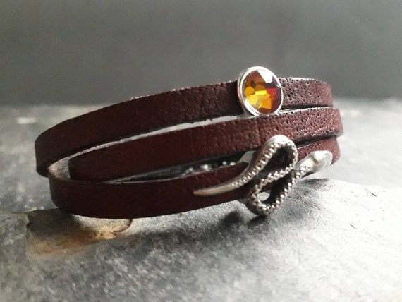 Leather Wrap Bracelet Serpent Snake Tri colour Crystal Stone