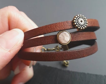 Leather wrap bracelet dots and dusky pink stone, brown and bronze coloured leather bracelet