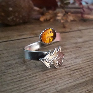 Oak Leaf Amber Silver Ring 2, Open, Adjustable, UK Size Q, artisan handmade, recycled silver. Botanical, Woodland, Cottagecore image 4