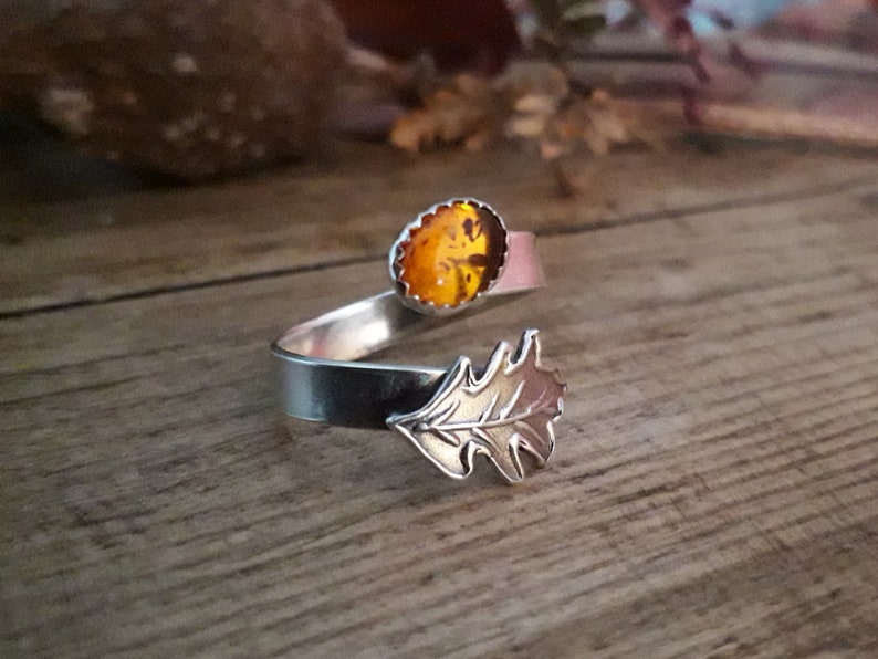 Oak Leaf Amber Silver Ring 2, Open, Adjustable, UK Size Q, artisan handmade, recycled silver. Botanical, Woodland, Cottagecore image 4