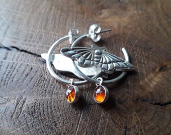 Moth Hoops with Hessonite Garnet, Silver earrings, handmade, fairy magic