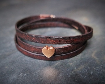 Leather wrap bracelet - Heart slider brown rose gold, black, tan, leather bracelet