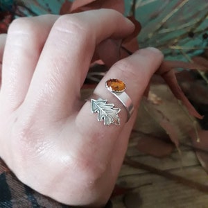 Oak Leaf Amber Silver Ring 2, Open, Adjustable, UK Size Q, artisan handmade, recycled silver. Botanical, Woodland, Cottagecore image 2